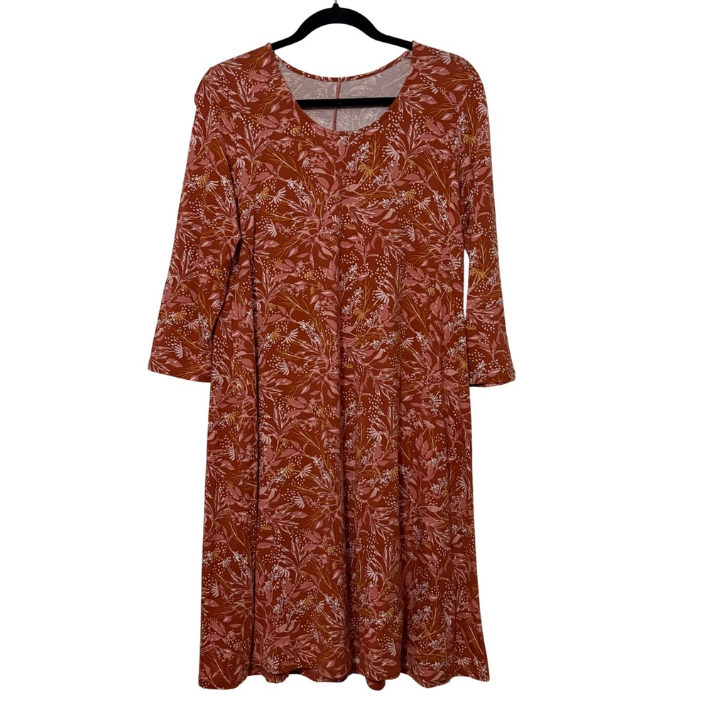 Garnet Hill Women Rust‎ Floral Tencel Lyocell 3/4 Sleeve A-Line Dress Small